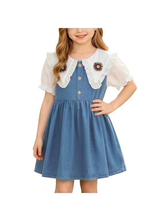 Girls Ruffled Peter Pan Collar Denim Dress Puff Short Sleeves Partial Front Buttons A-Line Casual Dress Blue-A 3-4 Years