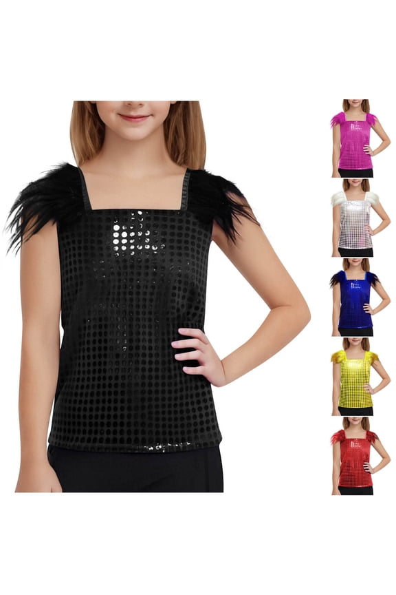 Girls Sequin Tank Tops Square Neckline Sparkly Glitter Feather Trimmed Shoulders Dance Sleeveless Shirt Silver 13-14 Years