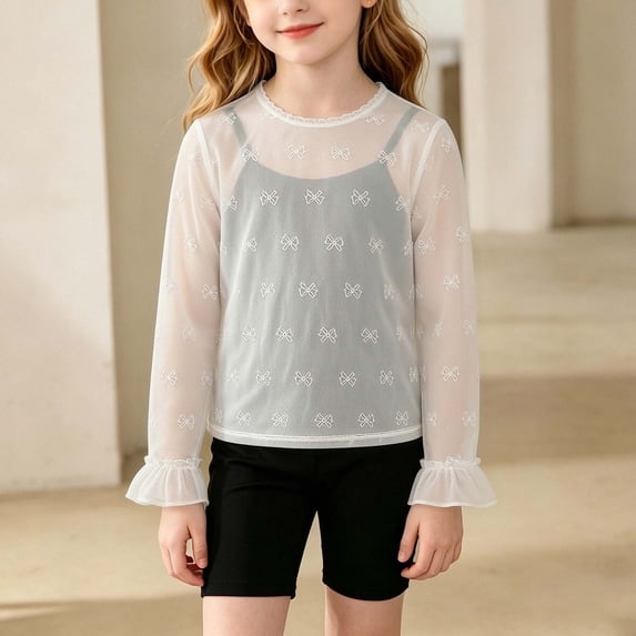 Fengqque Girls' Sheer Mesh Long Sleeve Layering Top Lace Round Neck Ruffled Flare Cuffs Top White 3-4 Years(3-4 Years)