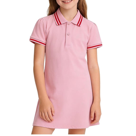 Fengqque Girls Short Sleeve Summer Dress Quarter Button Solid Color Kids Casual School Uniform Cotton Polo Dresses Pink 5-6 Years