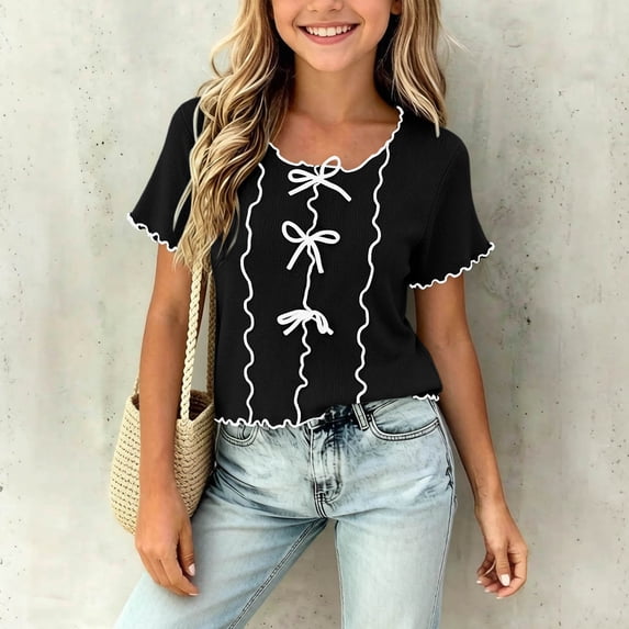Fengqque Girls Short Sleeve T Shirts Round Neck Summer Lettuce Trim Bow Solid Color Tops Tees 3-14 Years Black 3-4 Years