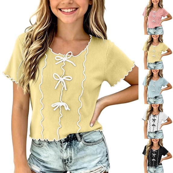 Fengqque Girls Short Sleeve T Shirts Round Neck Summer Lettuce Trim Bow Solid Color Tops Tees 3-14 Years Yellow 13-14 Years