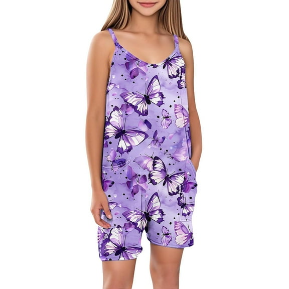 Fengqque Girls' Summer Sleeveless Romper - Spaghetti Straps, Shorts, Pockets, Easy & Stylish for Beach Trips