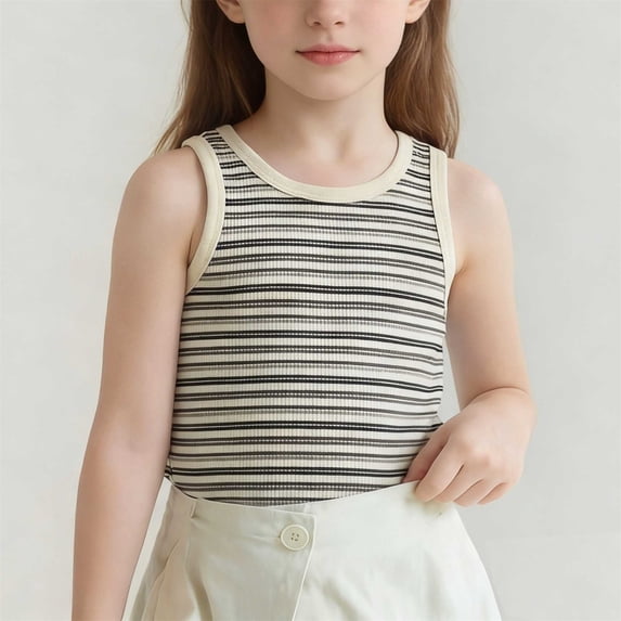 Fengqque Girls Tank Tops Sleeveless Undershirt Kids Striped Print Shirt Casual Crew Neck Slim Fit Tee Black 5-6 Years