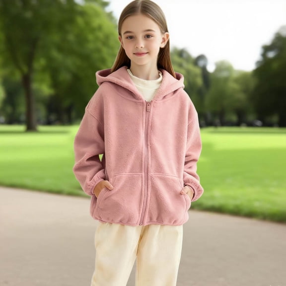 Fengqque Girls Warm Polar Fleece Long Sleeves Pocket Loose Hoodie with Zipper Casual Jackets 5-15 Years Old Pink 14-15Years