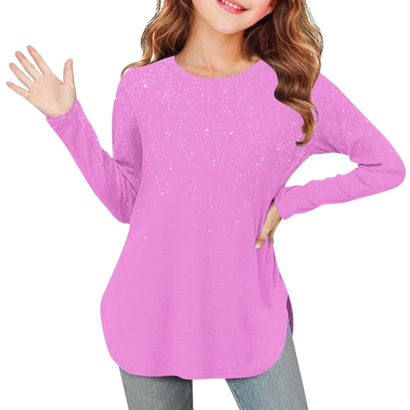 Fengqque Girls's Long Sleeved Round Neck Waist-cinching Curved Hem Glitter Side Slit Top 3-12 Years Old Pink 11 Years