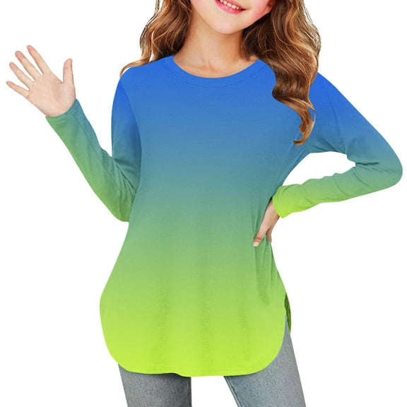 Fengqque Girls's Long Sleeved Round Neck Waist-cinching Curved Hem Gradient Color Side Slit Top 3-12 Years Old Blue 3 Years