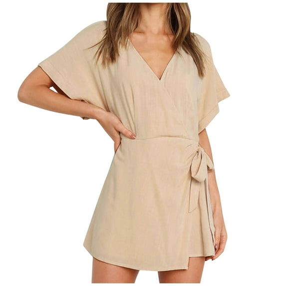 Fengqque Jumpers for Women with Clearance Overalls Casual Jumpsuits Plus Size Summer Solid Short Sleeve V-Neck Loose Short Playsuits Rompers Jumpsuit