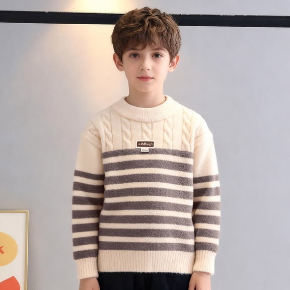 Fengqque Kids Boys Long Sleeve Round Neck Sweater Knit Pullover Warm Striped Sweater 4-12 Years Old Brown 7-8 Years