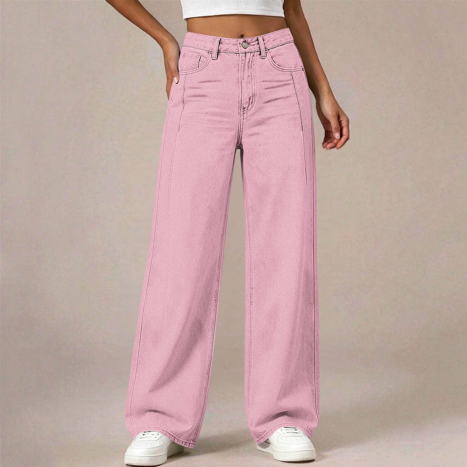 Fengqque Kids Solid Color Loose Wide Leg Jeans Pink 13-14 Years ...