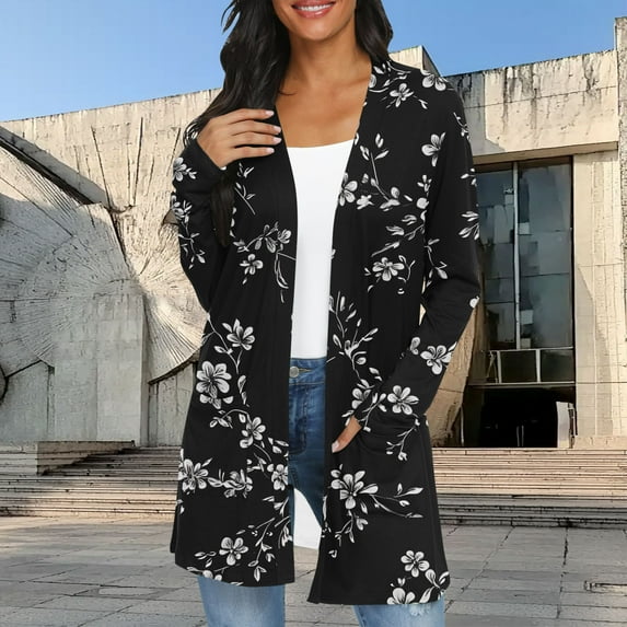 Fengqque Kimono Cardigans for Women,Women Cardigan Sweaters Long Floral Printed Long Sleeve Open Front Cozy Coats Outwear Black XL(XL)