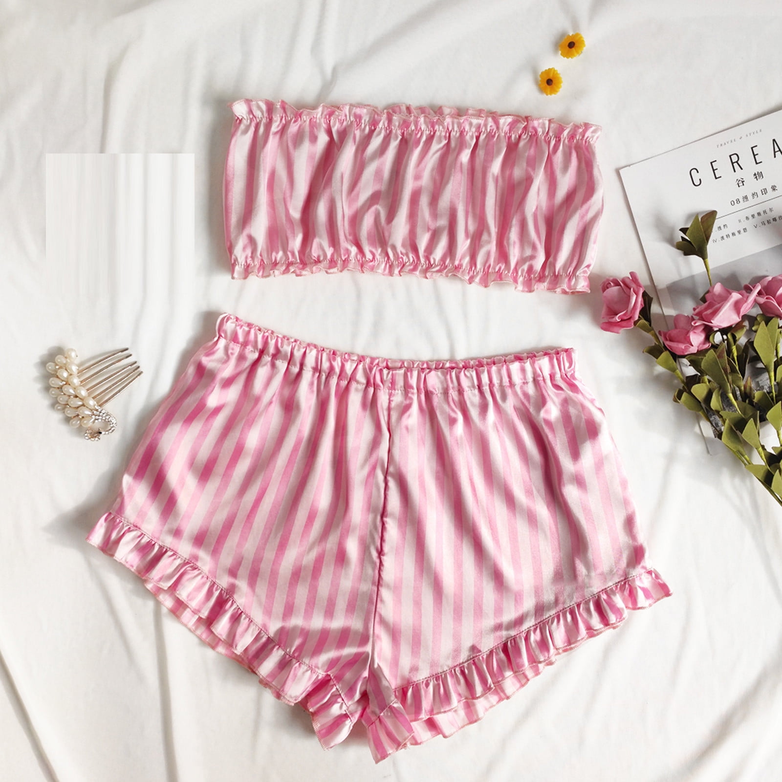 Fengqque Ladies Sexy Temptation Sexy Pajamas Pink Striped Tube Top Cute Pajamas Set - Walmart.com
