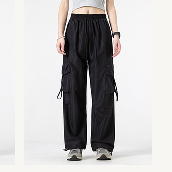 Fengqque Ladies' Solid Elastic Waist Drawstring Loose Wide Legs Cargo Pants Multi-pocket Tapered Pants Black M(M)