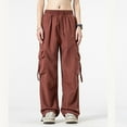 thumbnail image 1 of Fengqque Ladies' Solid Elastic Waist Drawstring Loose Wide Legs Cargo Pants Multi-pocket Tapered Pants Brown L(L), 1 of 7
