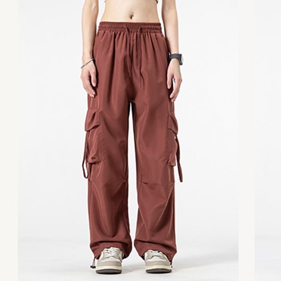 Fengqque Ladies' Solid Elastic Waist Drawstring Loose Wide Legs Cargo Pants Multi-pocket Tapered Pants Brown L(L)