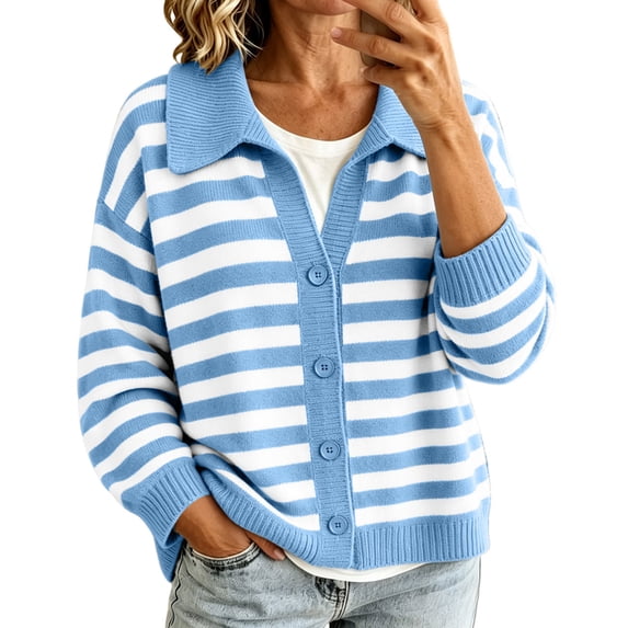 Fengqque Lady's Winter Long-sleeved Button-down Knitted Cardigan With Striped Sweater Coat