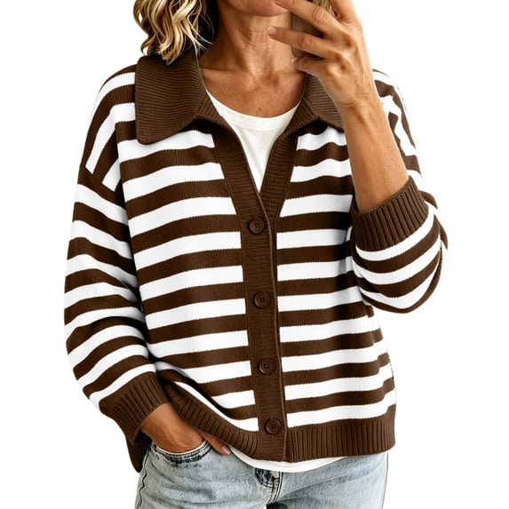 Fengqque Lady's Winter Long-sleeved Button-down Knitted Cardigan With Striped Sweater Coat
