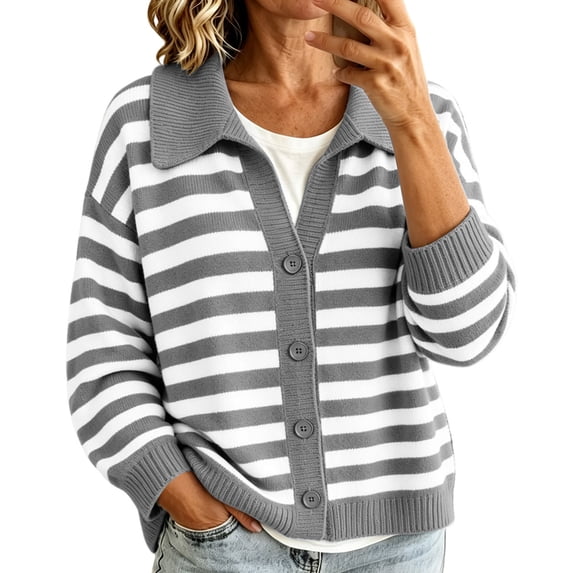 Fengqque Lady's Winter Long-sleeved Button-down Knitted Cardigan With Striped Sweater Coat