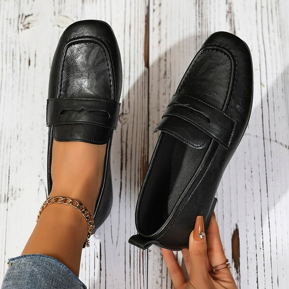 Fengqque Loafers for Women PU leather Casual Work Flats Slip On Square Toe Walking Shoes Business Casual Shoes Black 7.5(40)