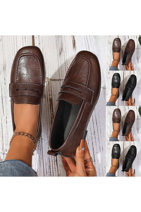 Loafers for Women PU leather Casual Work Flats Slip On Square Toe Walking Shoes Business Casual Shoes Brown 9(42)