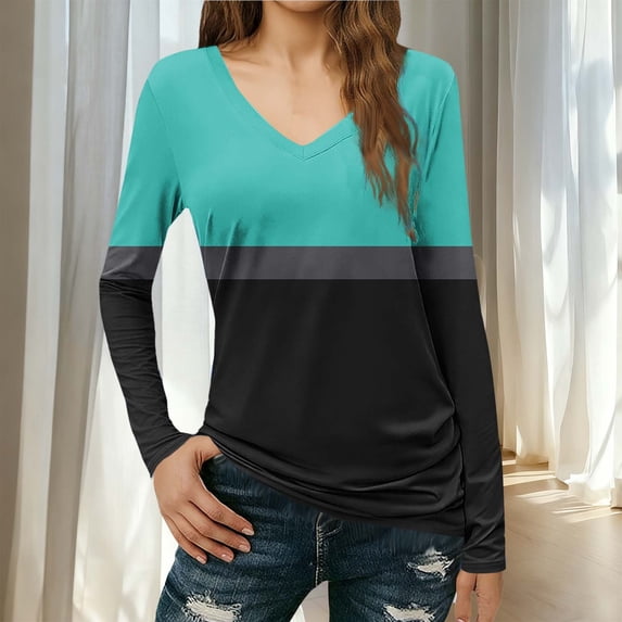 Fengqque Long Sleeve Color Blocking Shirts for Women V Neck T Shirts Slim Fit Tunic Tops Fashion Clothing Black S(S)