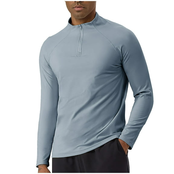 Fengqque Long Sleeve Shirts for Men Soft Crew-Neck Quarter zipper Moisture Wicking Comfort Solid Basic Shirt Light Blue XXL(XXL)