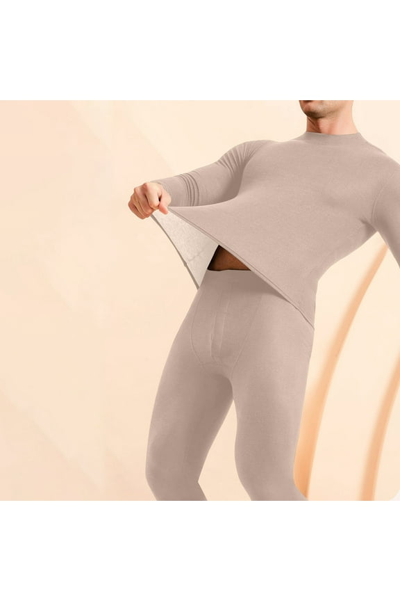 Long Sleeves Mid to High Collar thermal Underwear Home Clothes for Men with Fleece Lined Set for Cold Weather Beige 8(L)