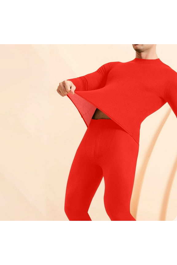 Long Sleeves Mid to High Collar thermal Underwear Home Clothes for Men with Fleece Lined Set for Cold Weather Red 8(L)