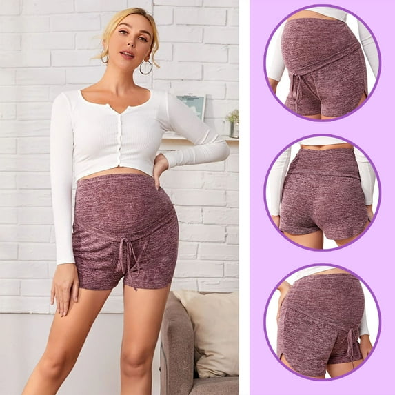 Fengqque Maternity Pants High Waist Support Shorts Drawstring Tie Front Curved Hem Sports Pregnancy Clothes