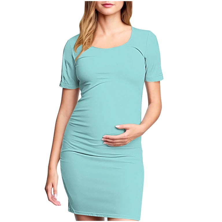 Fengqque Maternity Pleated Dress with Short Sleeves and Round Neck - Flowy Mid Calf Length Skirt Design for Baby Showers, Pregnancy Photos and Special
