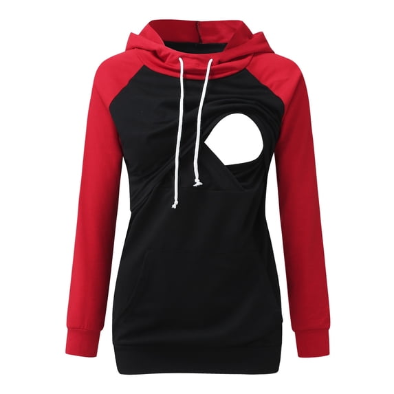 Fengqque Maternity Plus Size Maternity Postpartum Comfortable Loose Maternity Sweatshirt Splicing Long Sleeve Breast-Feeding Pregnant Nursing Hooded Blouse Tops