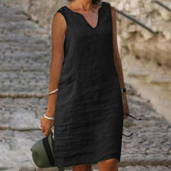 Fengqque Maxi Summer Dresses for Women Casual Comfort Solid Color Pocket Sleeveless V-Neck Dress