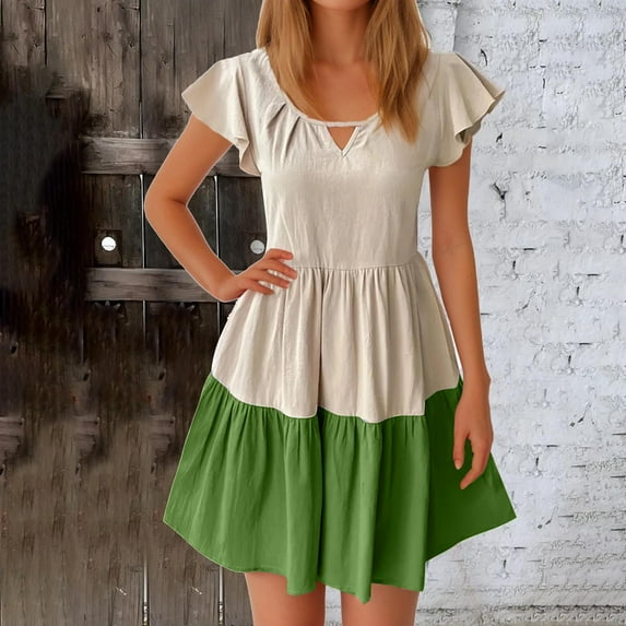 Fengqque Maxi Summer Dresses for Women Fashionable Summer Casual Color Blocking Short Sleeved Round Neck Dress