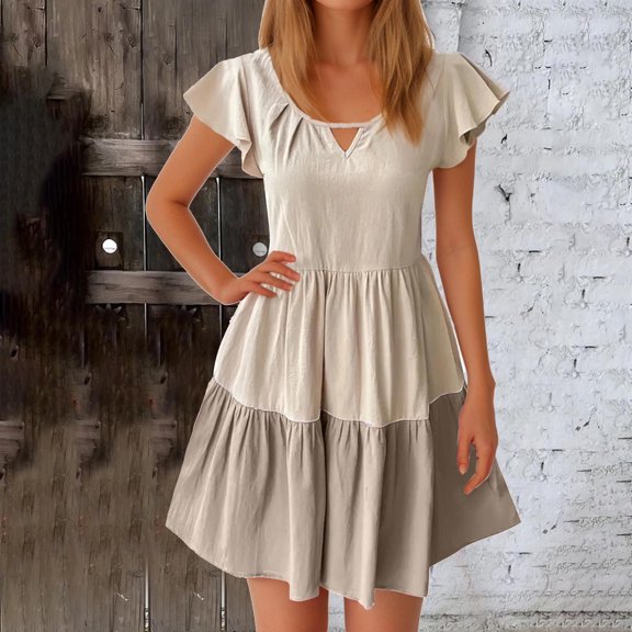 Fengqque Maxi Summer Dresses for Women Fashionable Summer Casual Color Blocking Short Sleeved Round Neck Dress