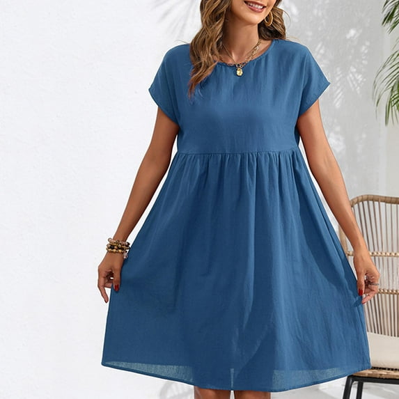 Fengqque Maxi Summer Dresses for Women Summer Cotton And Linen Casual Mid Length Solid ColorShortSleeve Round Neck Dress