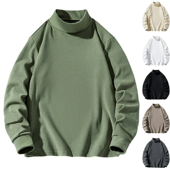 Fengqque Men Casual Semi High Neck Long Sleeve Loose Basic Tops Velvet Fleece Pullover Underwear Blouse T-Shirt White XL(XL)