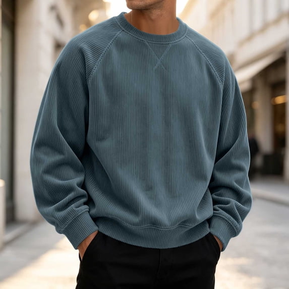 Fengqque Men Oversized T Shirts Corduroy Baggy Crewneck Streetwear Sweatshirt Long Sleeve Tee Shirts Top Navy M