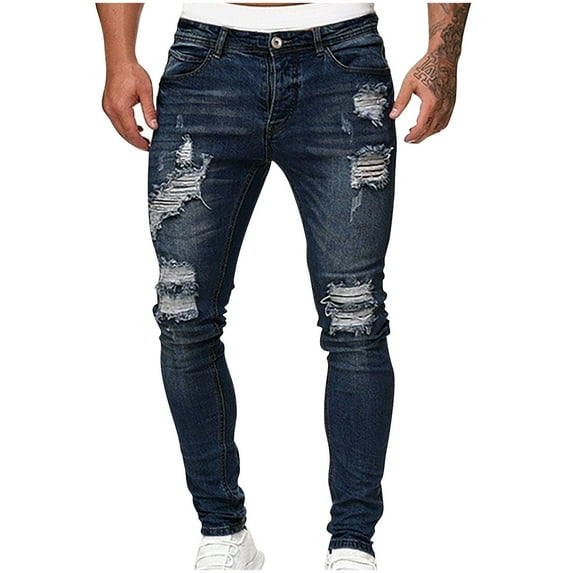 Fengqque Men Ripped Jeans Slim Fit Straight Leg Denim Fashionable Comfortable Pants with Holes Dark Blue 4(M)