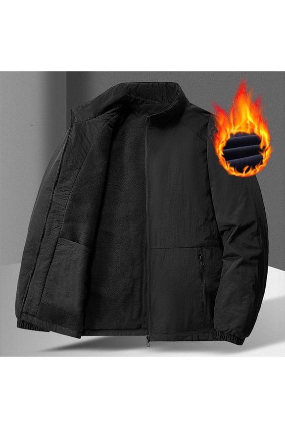 Men'S Velvet Padded Zipper Winter Warm Solid Fleece Jacket Stand Collar Pocket Heavy Loose Coat Black XXL(XXL)