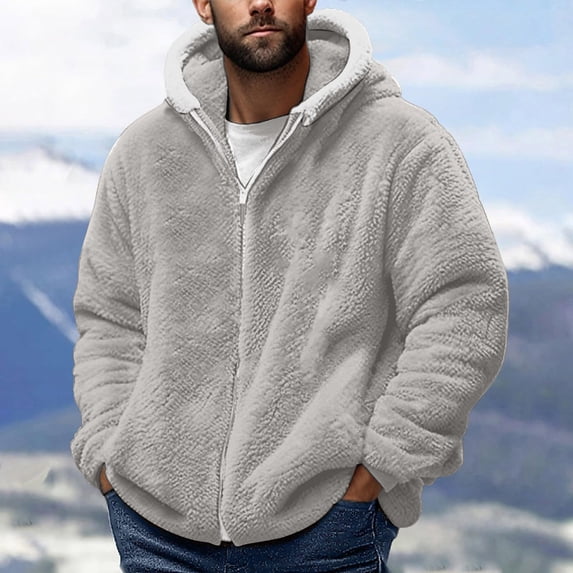 Fengqque Men Winter Long Sleeved Velvet Hooded Sweatshirt Jacket Zipper Hoodie Pocket Outwear Gray 10(XL)