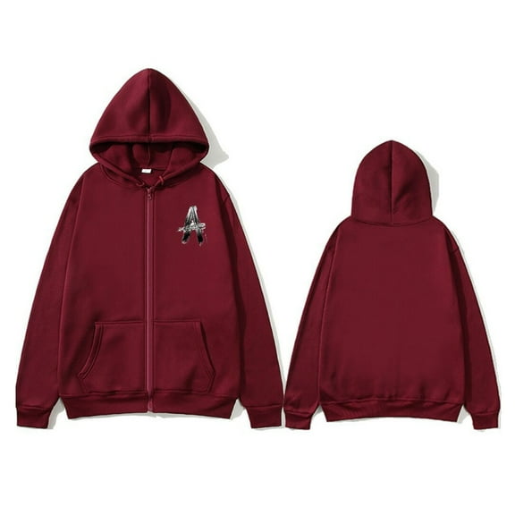 Fengqque Men's A letter Printed Long Sleeved Zipper Cardigan Hooded Sweatshirt Jacket Long Sleeved Hooded Casual Jacket Wine L(L)