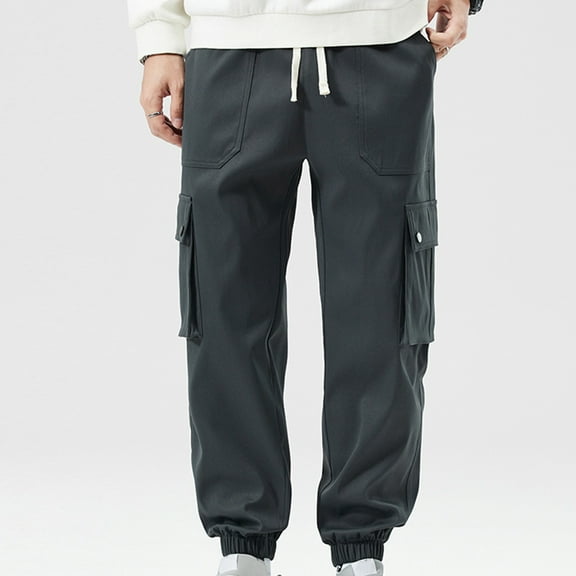 Fengqque Men's Baggy Cargo Pants Casual Elastic Waistband Drawstring Jogging Pants Tapered Pants with Pockets Dark Gray 8(L)