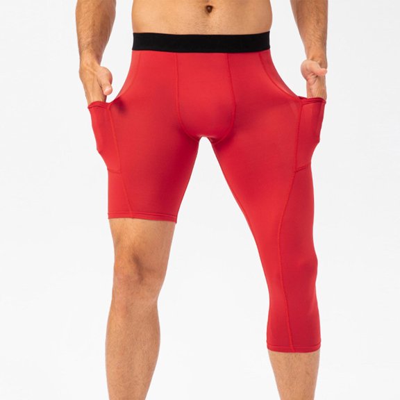 Fengqque Men's Basketball Single Leg Tight Sports Pants 1/2 One Leg Compression Pants Athletic Base Layer Underwear Red M(M)