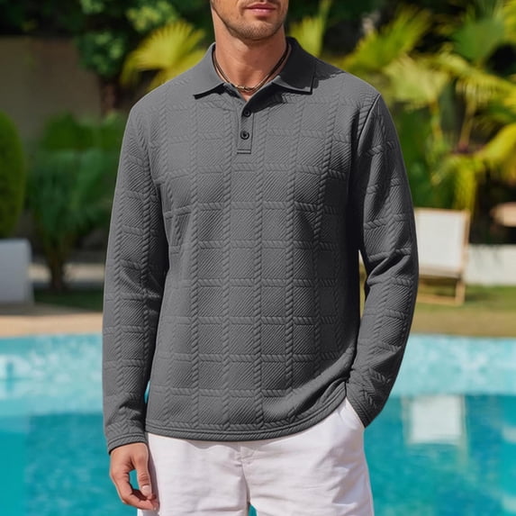 Fengqque Men’s Business Textured Grid Polo Shirts Golf Lapel Collar Two Button Placket Long Sleeve Regular Fit Tops Gray S