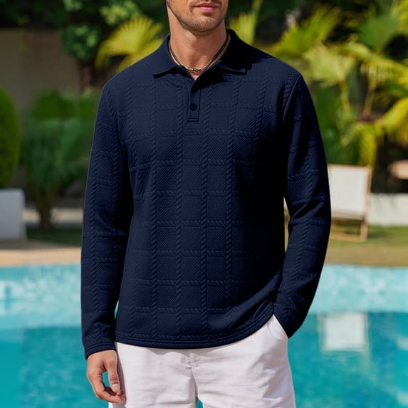 Fengqque Men’s Business Textured Grid Polo Shirts Golf Lapel Collar Two Button Placket Long Sleeve Regular Fit Tops Navy L