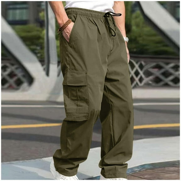 Fengqque Men's Cargo Pants Casual Straight Leg Sweatpants Drawstring Elastic Waist Men Pants with Pockets Hiking Pants Army Green 4(S)