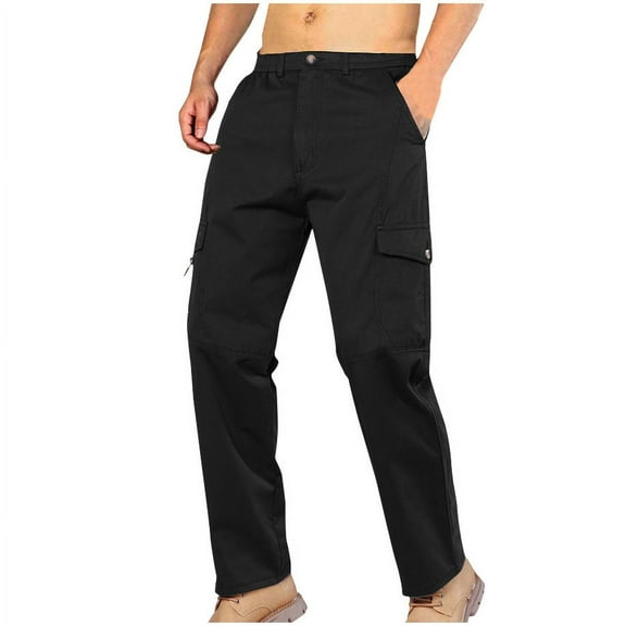 Fengqque Men's Cargo Pants Casual Straight Leg Sweatpants Elastic Waist Men Pants with Pockets Hiking Pants Black 6(M)