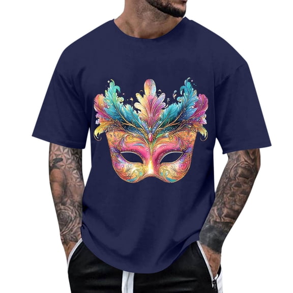 Fengqque Men's Carnival Printed Fashion Short Sleeve Round Neck Pullover Loose and Comfortable T-shirt Top Dark Blue M(M)