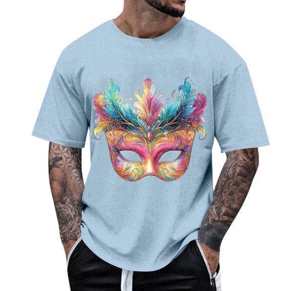 Fengqque Men's Carnival Printed Fashion Short Sleeve Round Neck Pullover Loose and Comfortable T-shirt Top Sky Blue S(S)
