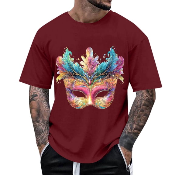 Fengqque Men's Carnival Printed Fashion Short Sleeve Round Neck Pullover Loose and Comfortable T-shirt Top Wine XL(XL)